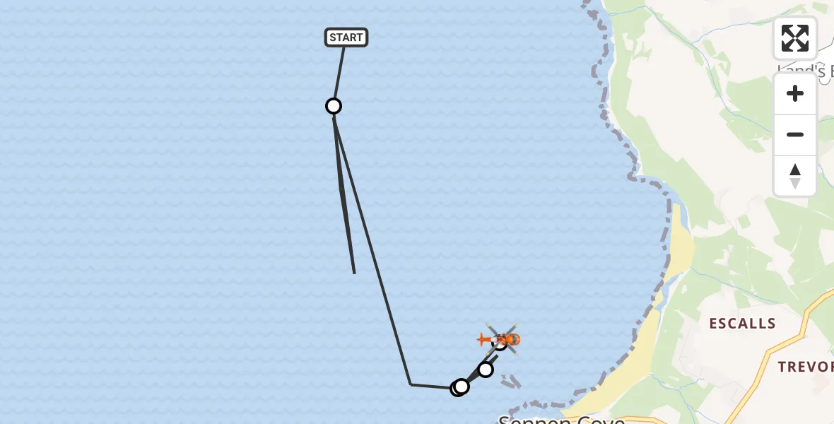 Flight route Coastguard Helicopter Sennen Cove - Mayon, 16 July 2026, 18:29