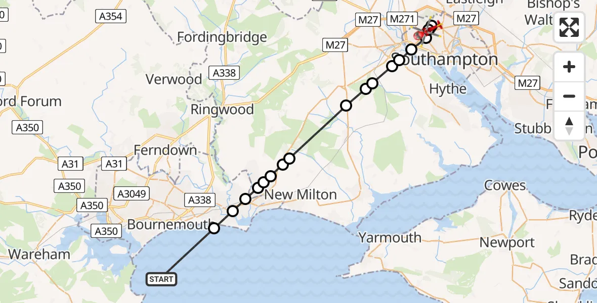 Flight route Air Ambulance Helicopter English Channel - University Hospital Southampton, 16 July 2026, 18:41