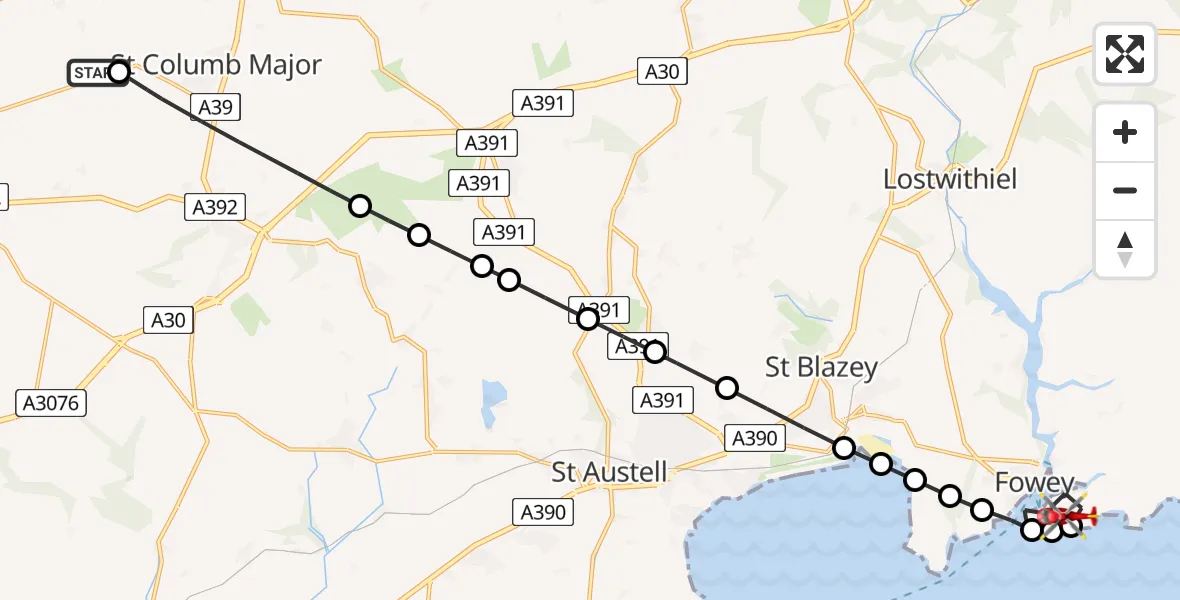 Flight route Air Ambulance Helicopter Cornwall Airport Newquay - Polruan, 16 July 2026, 18:41