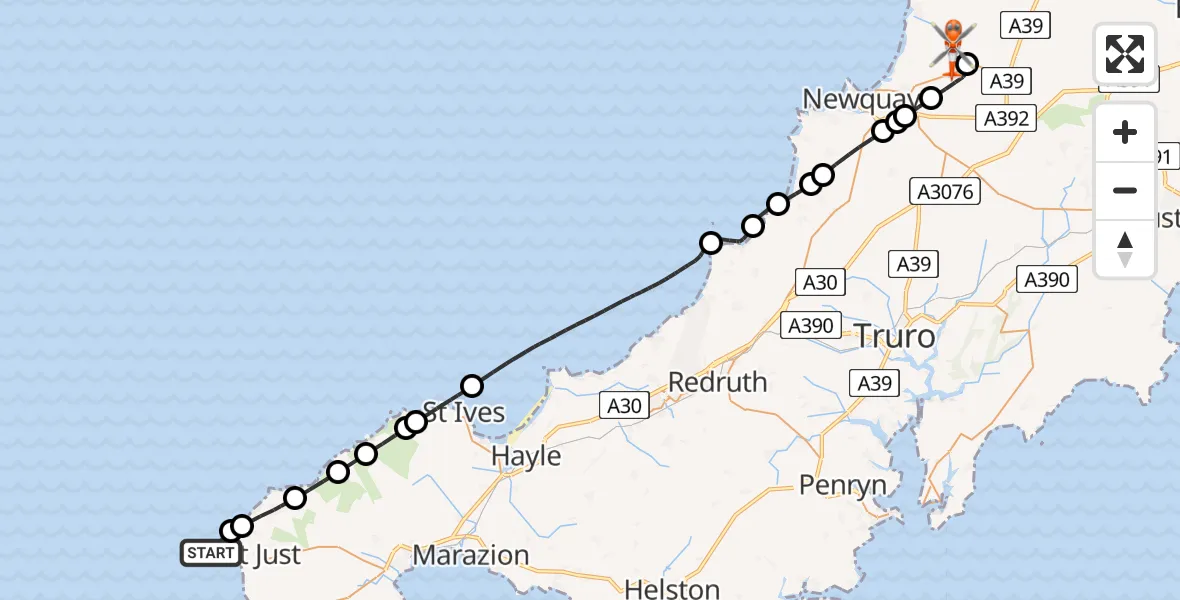 Flight route Coastguard Helicopter North Atlantic Ocean - Cornwall Airport Newquay, 16 July 2026, 18:43