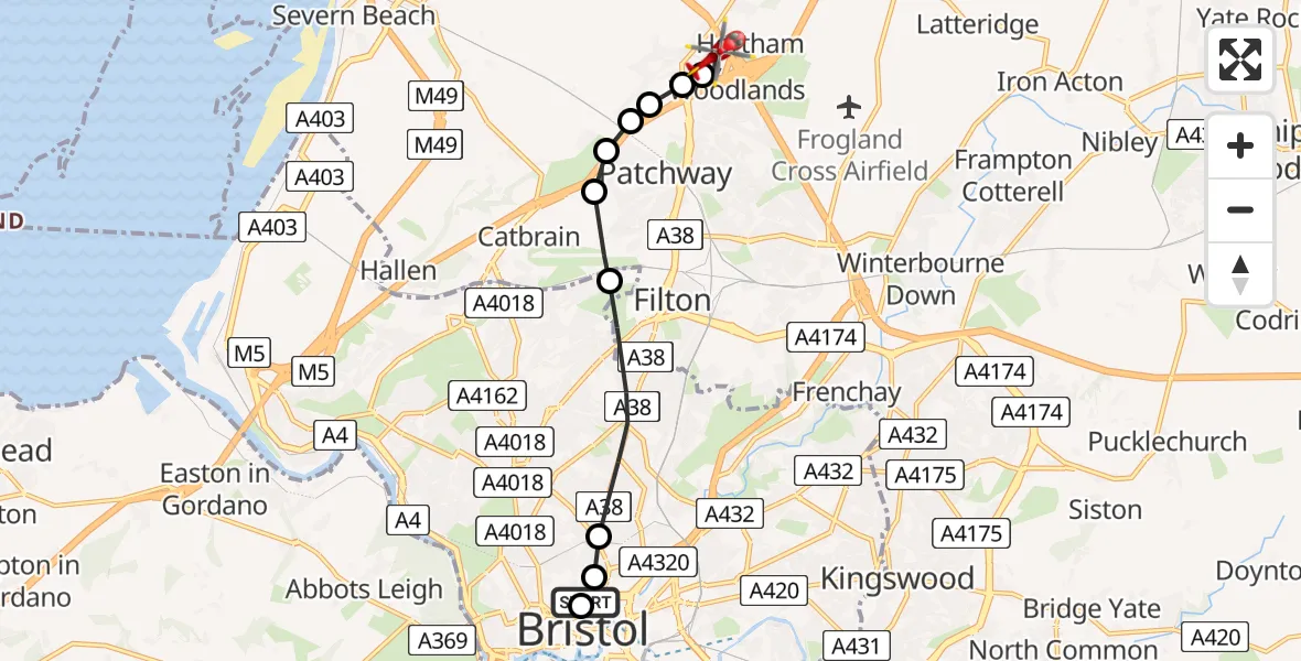Flight route Air Ambulance Helicopter Bristol Royal Infirmary - Almondsbury Helicopter Base, 16 July 2026, 18:54