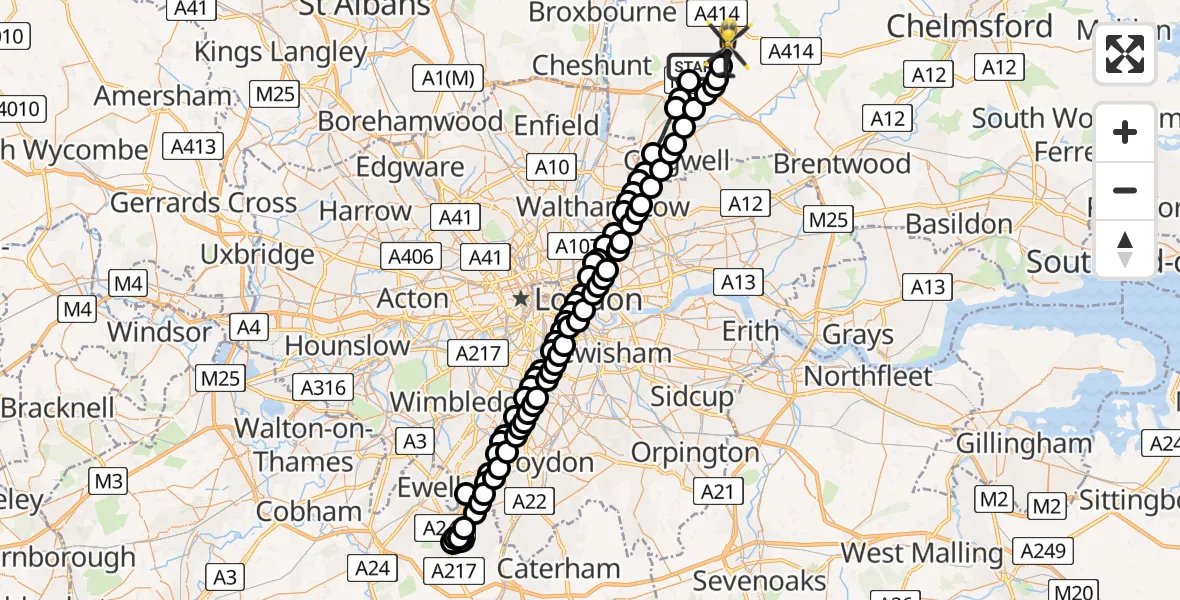 Flight route Police Helicopter Epping - North Weald Airfield, 16 July 2026, 19:09