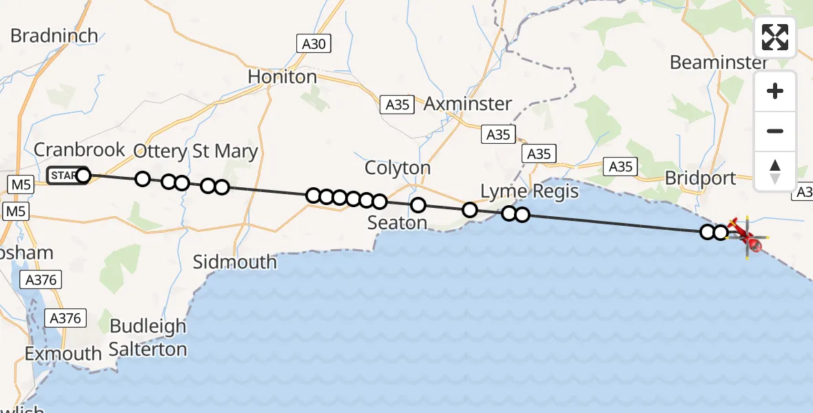 Flight route Air Ambulance Helicopter Exeter International Airport - Burton Bradstock, 16 July 2026, 19:12