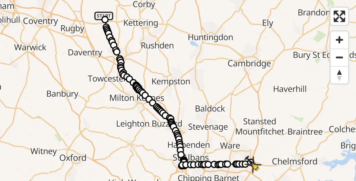 Flight route Police Helicopter Sibbertoft - North Weald Bassett, 16 July 2026, 19:15