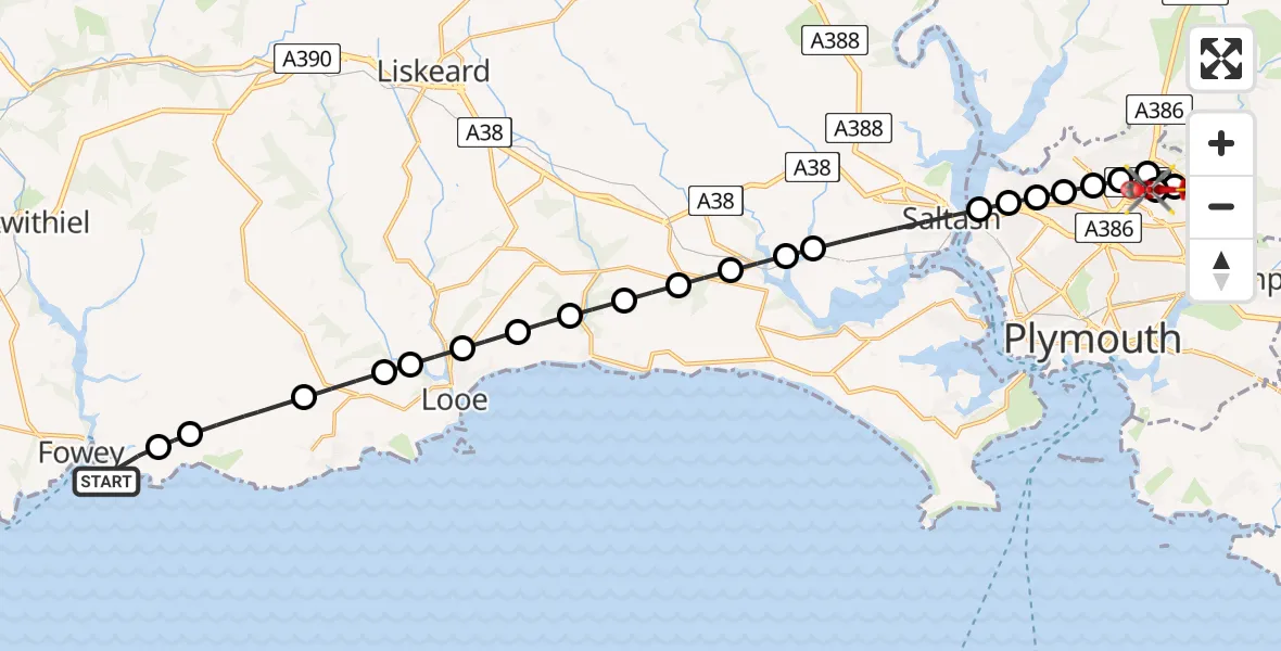Flight route Air Ambulance Helicopter Polruan - Derriford Hospital, 16 July 2026, 19:17