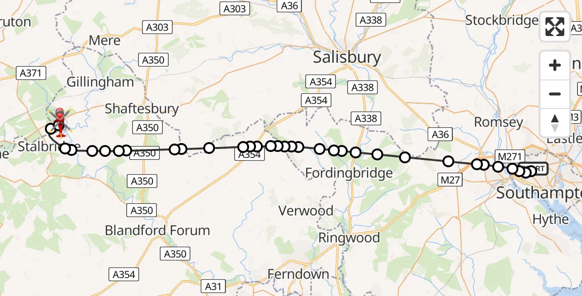 Flight route Air Ambulance Helicopter University Hospital Southampton - Henstridge Airfield, 16 July 2026, 19:42