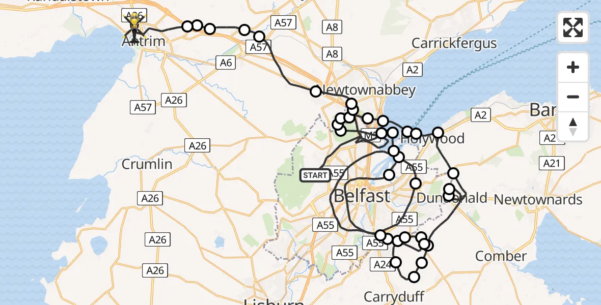 Flight route Police Helicopter Belfast City District - Antrim, 16 July 2026, 19:56