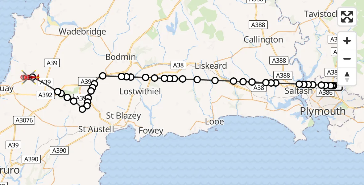 Flight route Air Ambulance Helicopter Derriford Hospital - Cornwall Airport Newquay, 16 July 2026, 19:56