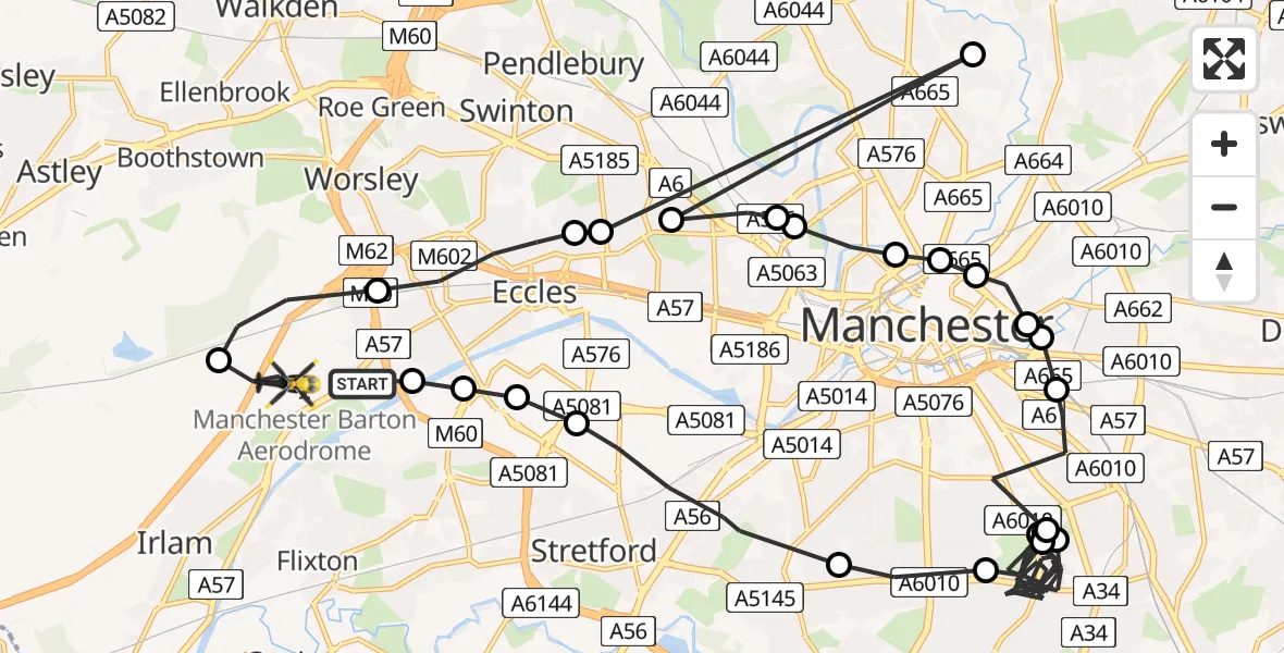Flight route Police Helicopter Eccles - Manchester Barton Aerodrome, 16 July 2026, 20:11