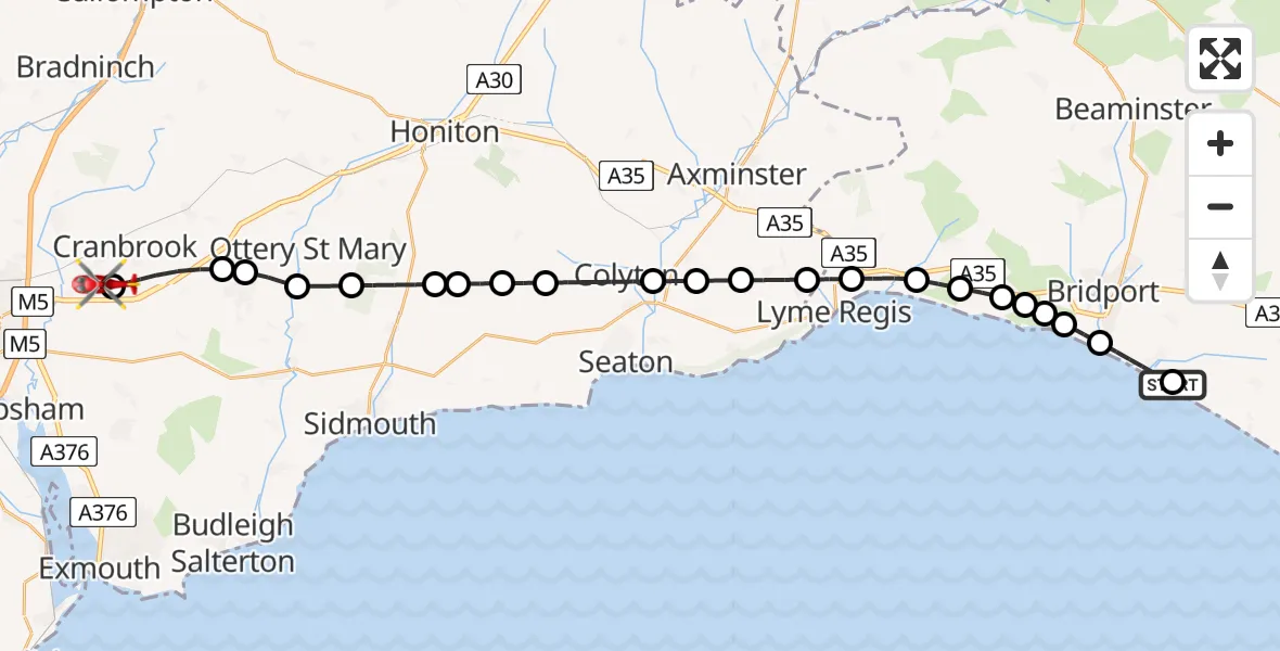 Flight route Air Ambulance Helicopter Swyre - Exeter International Airport, 16 July 2026, 20:12