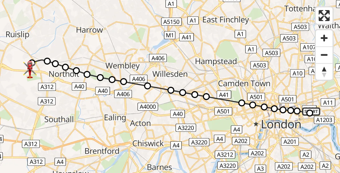 Flight route Air Ambulance Helicopter Royal London Hospital - RAF Northolt, 16 July 2026, 20:20