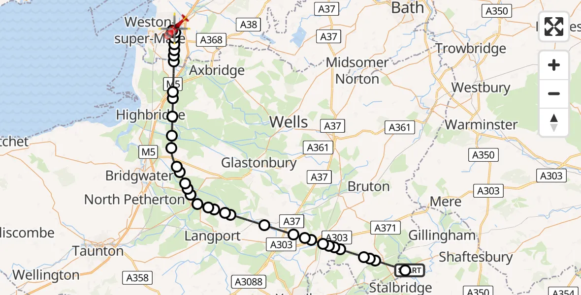 Flight route Air Ambulance Helicopter Henstridge Airfield - Weston-super-Mare, 16 July 2026, 20:28