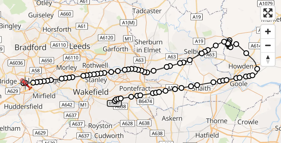 Flight route Air Ambulance Helicopter YAA Nostell Helicopter Port - Clifton, 16 July 2026, 20:54