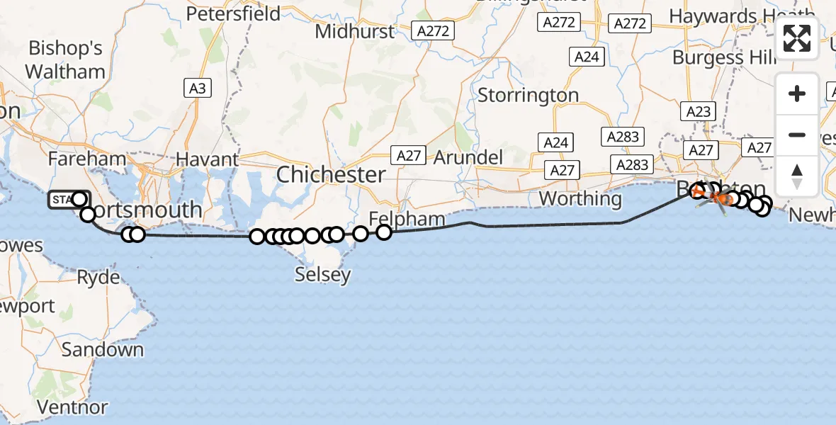 Flight route Coastguard Helicopter Solent Airport - English Channel, 16 July 2026, 21:09