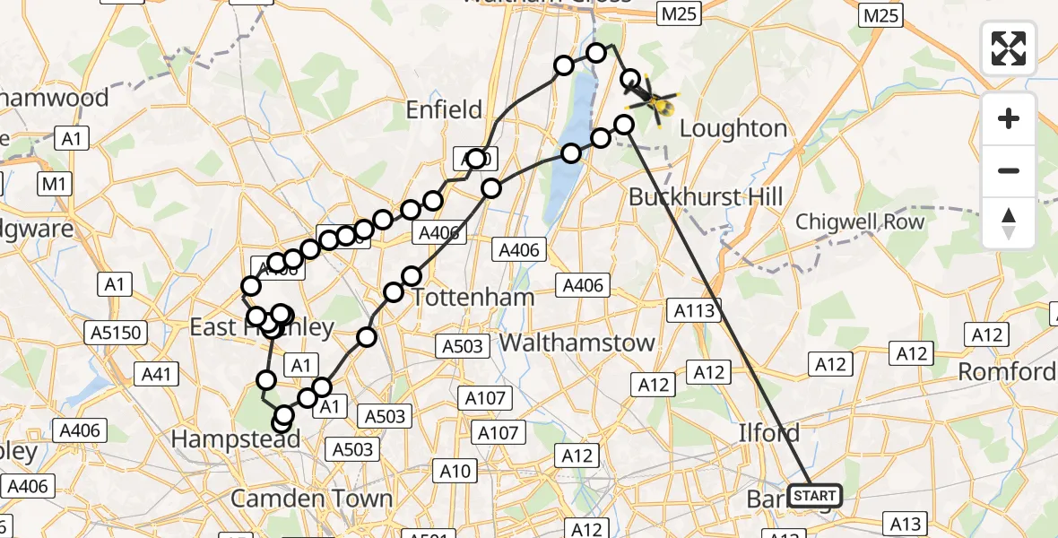 Flight route Police Helicopter Thames View - Sewardstonebury, 16 July 2026, 21:11
