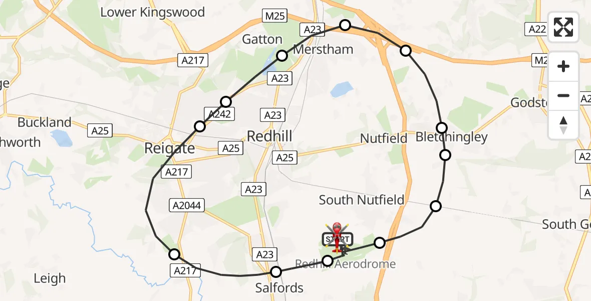 Flight route Air Ambulance Helicopter Redhill Aerodrome - Redhill Aerodrome, 16 July 2026, 21:14