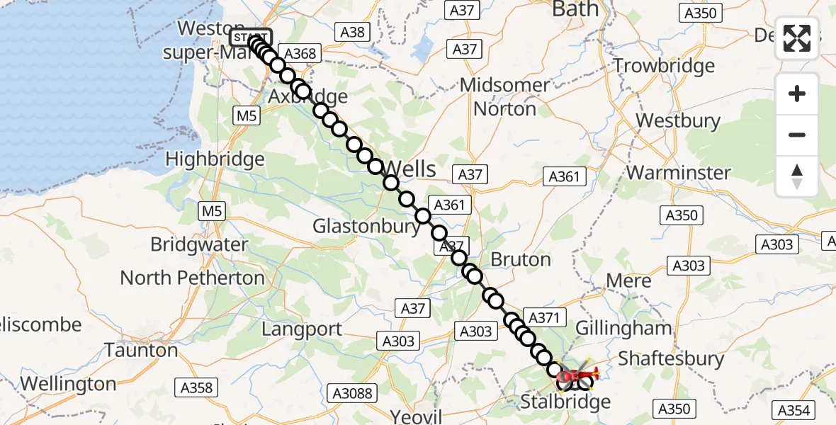 Flight route Air Ambulance Helicopter Weston-super-Mare - Henstridge, 16 July 2026, 21:17