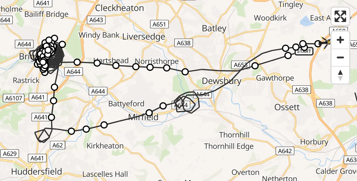 Flight route Police Helicopter Woodkirk - East Ardsley, 16 July 2026, 21:20