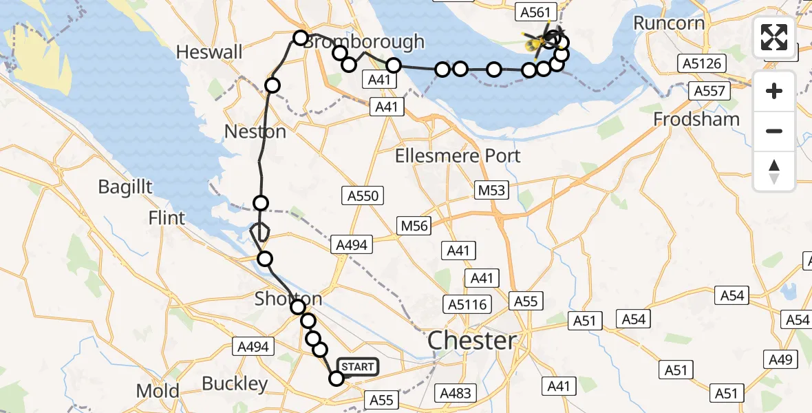 Flight route Police Helicopter Hawarden Airport - Liverpool John Lennon Airport, 16 July 2026, 21:24