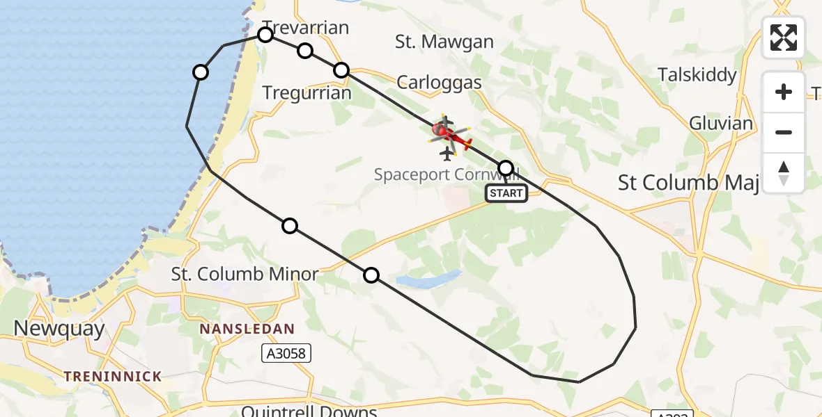 Flight route Air Ambulance Helicopter Cornwall Airport Newquay - Cornwall Airport Newquay, 16 July 2026, 21:41