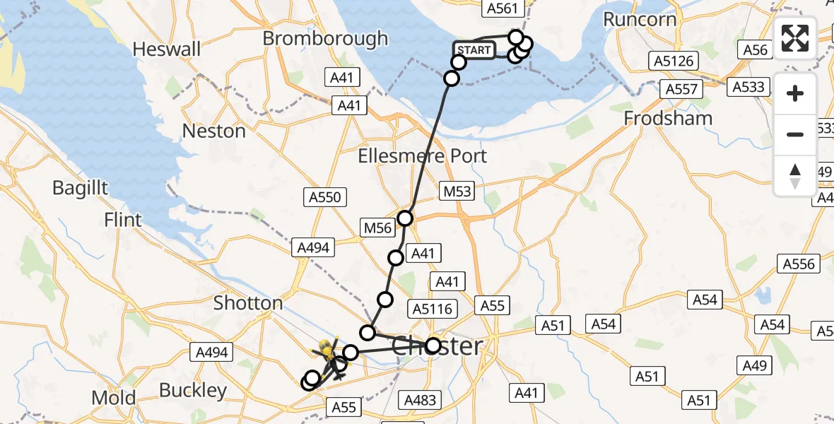 Flight route Police Helicopter Liverpool John Lennon Airport - Hawarden Airport, 16 July 2026, 21:41