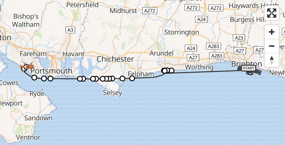 Flight route Coastguard Helicopter English Channel - Solent Airport, 16 July 2026, 21:47