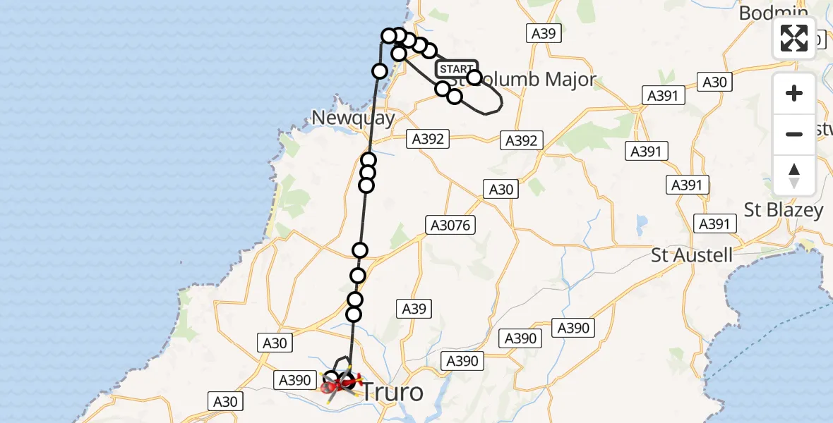 Flight route Air Ambulance Helicopter Cornwall Airport Newquay - Treliske Hospital, 16 July 2026, 21:54
