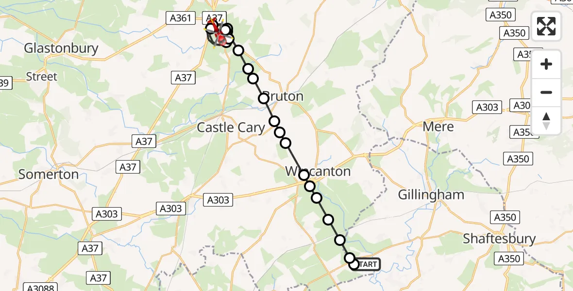 Flight route Air Ambulance Helicopter Henstridge Airfield - Prestleigh, 16 July 2026, 22:01