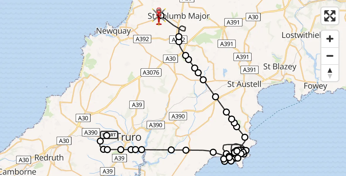 Flight route Air Ambulance Helicopter Treliske Hospital - Cornwall Airport Newquay, 16 July 2026, 22:22