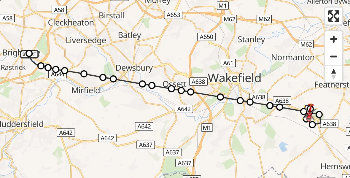 Flight route Air Ambulance Helicopter Clifton - YAA Nostell Helicopter Port, 16 July 2026, 22:27