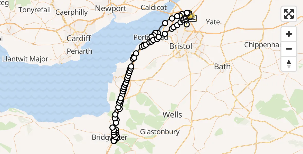 Flight route Police Helicopter Hortham - Almondsbury Helicopter Base, 16 July 2026, 22:31