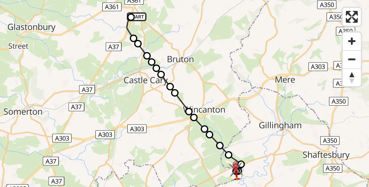 Flight route Air Ambulance Helicopter Prestleigh - Henstridge Airfield, 16 July 2026, 22:35