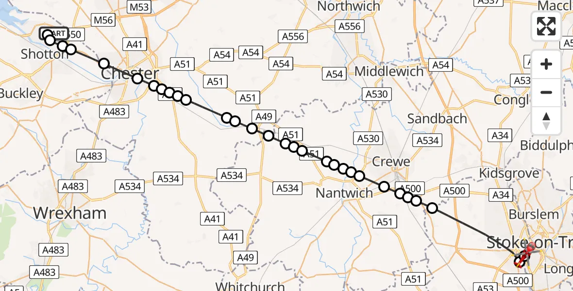Flight route Air Ambulance Helicopter Shotton - University Hospital North Staffs, 16 July 2026, 22:49