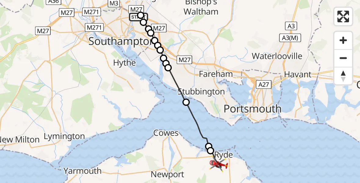 Flight route Air Ambulance Helicopter Southampton Airport - Ryde, 17 July 2026, 00:07