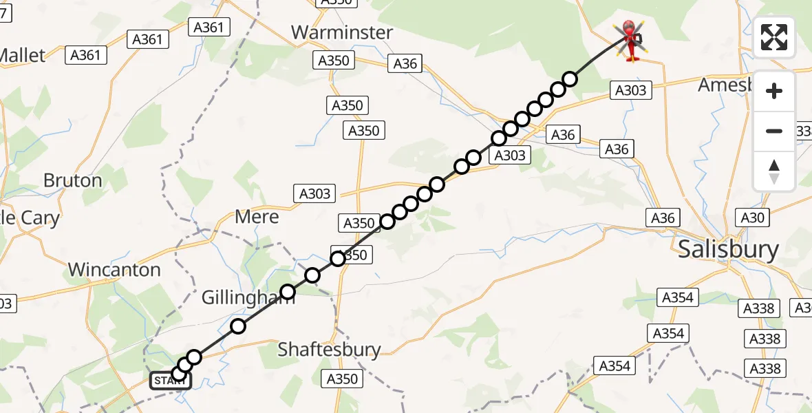 Flight route Air Ambulance Helicopter Henstridge Airfield - Shrewton, 17 July 2026, 00:14