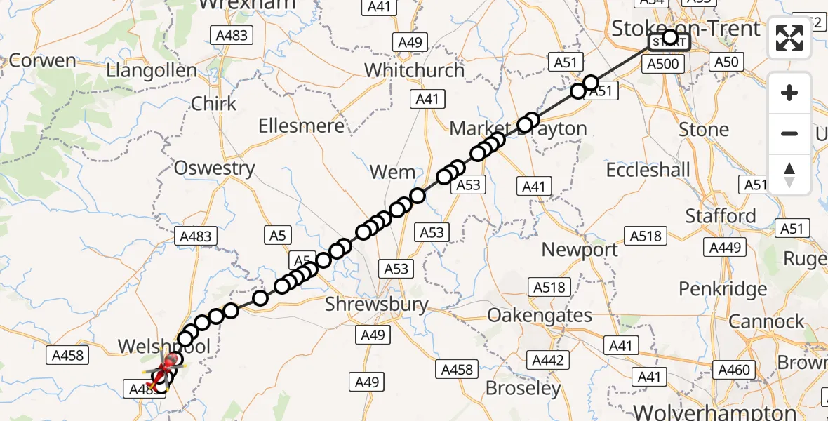 Flight route Air Ambulance Helicopter University Hospital North Staffs - Welshpool Airport, 17 July 2026, 00:15