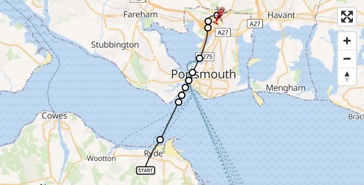 Flight route Air Ambulance Helicopter Ryde - Queen Alexandra Hospital, 17 July 2026, 00:49
