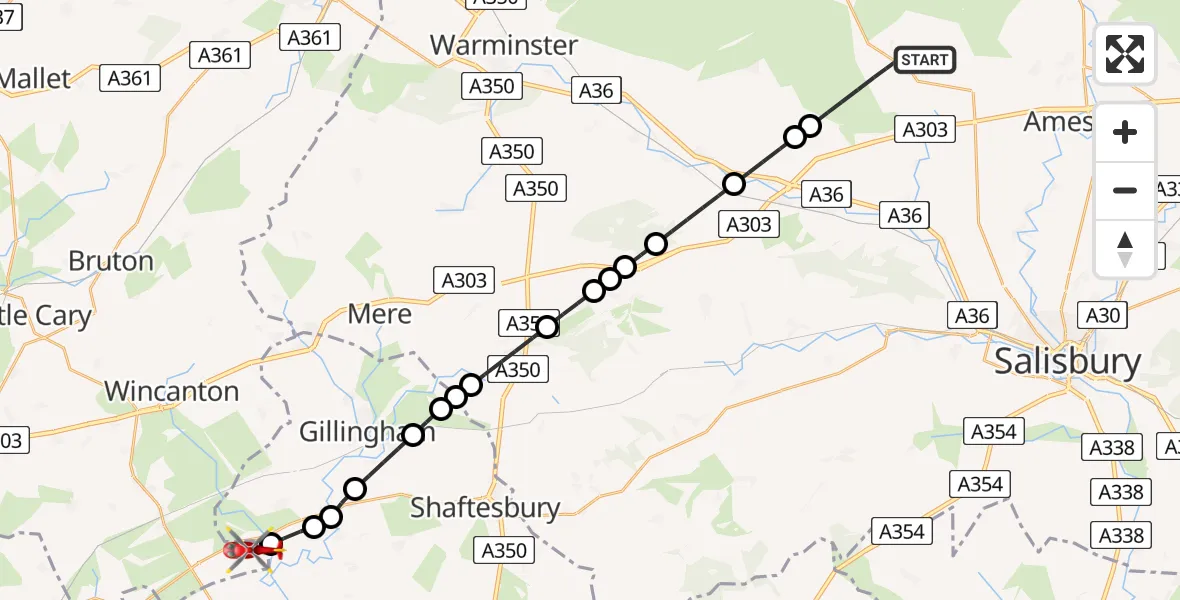 Flight route Air Ambulance Helicopter Shrewton - Henstridge Airfield, 17 July 2026, 01:05