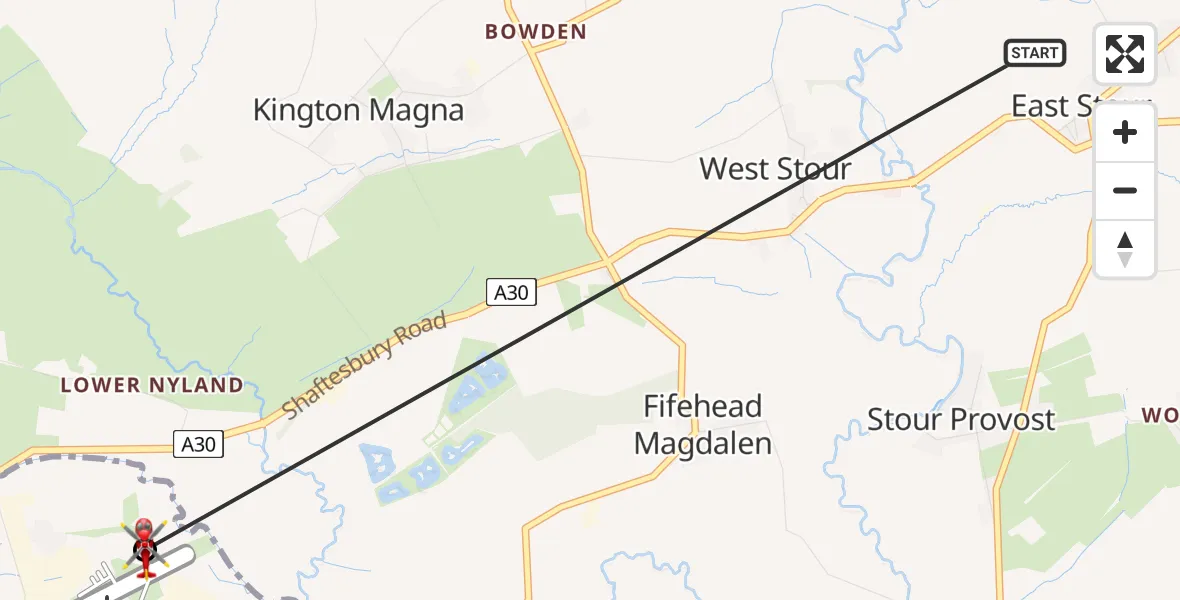 Flight route Air Ambulance Helicopter East Stour - Henstridge Airfield, 17 July 2026, 01:19