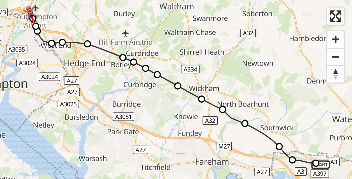 Flight route Air Ambulance Helicopter Queen Alexandra Hospital - Southampton Airport, 17 July 2026, 01:35