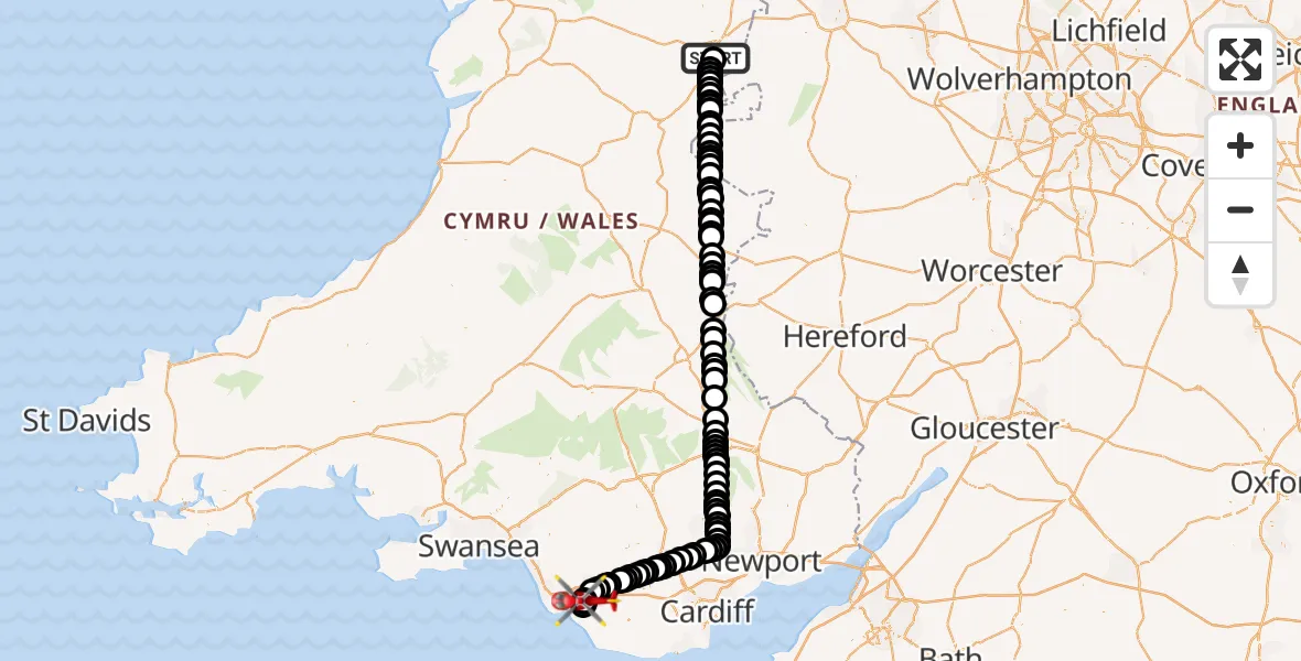 Flight route Air Ambulance Helicopter Welshpool Airport - Bridgend, 17 July 2026, 01:41