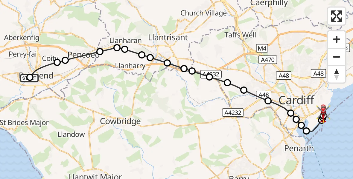 Flight route Air Ambulance Helicopter Newcastle - Cardiff Heliport, 17 July 2026, 03:32
