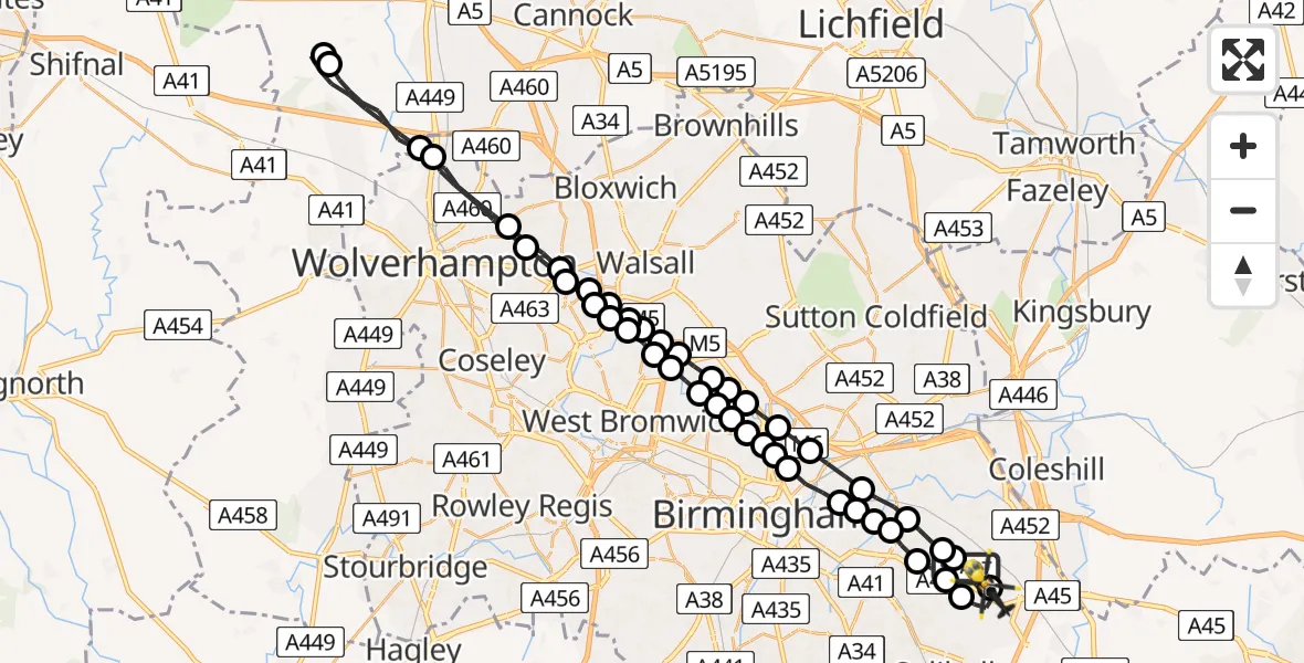 Flight route Police Helicopter Birmingham Airport - Solihull, 17 July 2026, 03:55