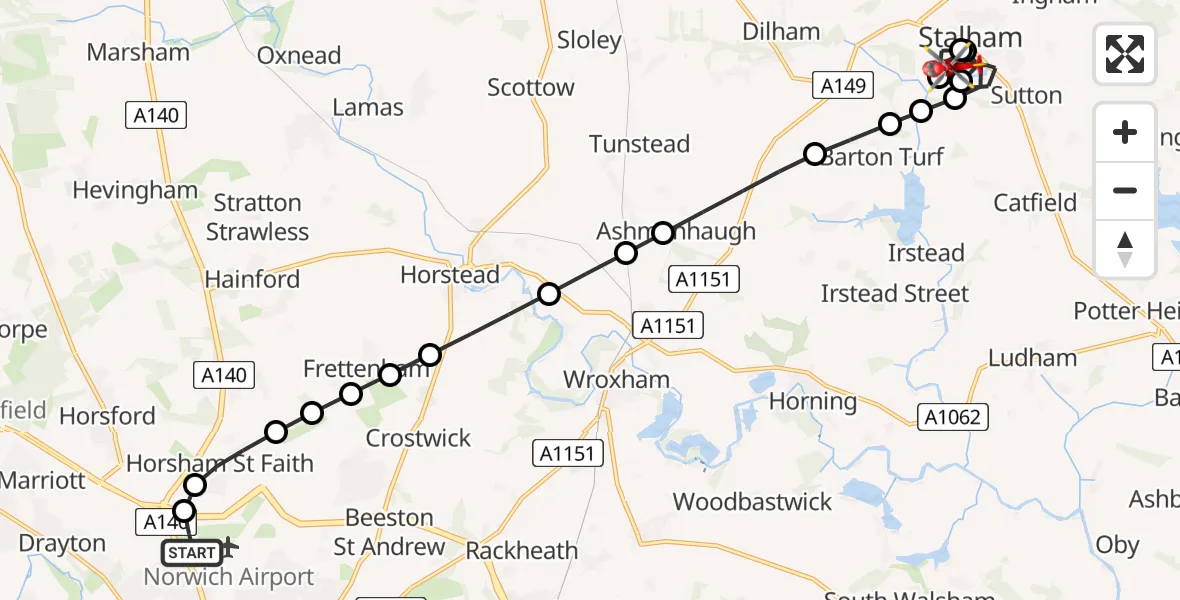 Flight route Air Ambulance Helicopter Norwich Airport - Sutton, 17 July 2026, 06:36