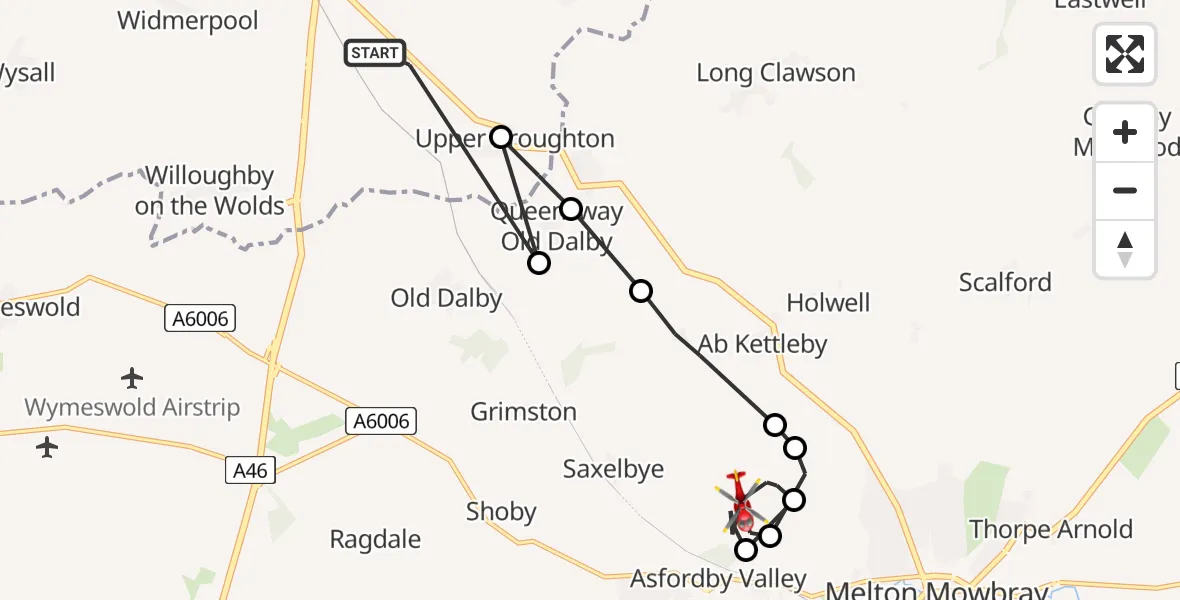 Flight route Air Ambulance Helicopter Hickling - Asfordby Valley, 17 July 2026, 06:59