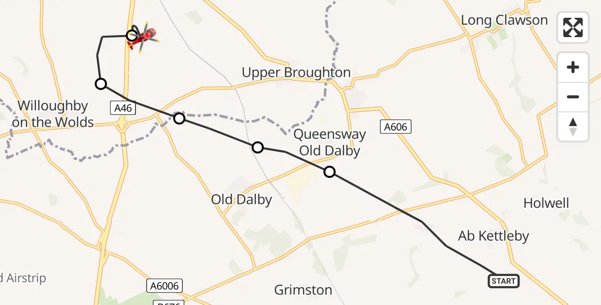 Flight route Air Ambulance Helicopter Ab Kettleby - Nottingham Heliport, 17 July 2026, 07:45