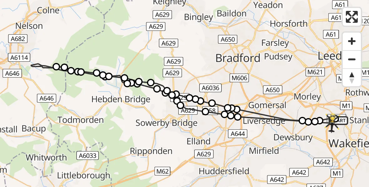 Flight route Police Helicopter Carr Gate - East Ardsley, 17 July 2026, 07:47