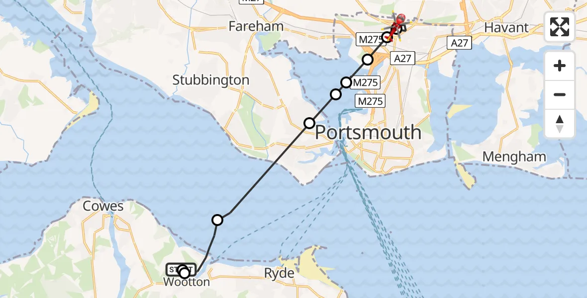 Flight route Air Ambulance Helicopter Wootton Bridge - Queen Alexandra Hospital, 17 July 2026, 07:47