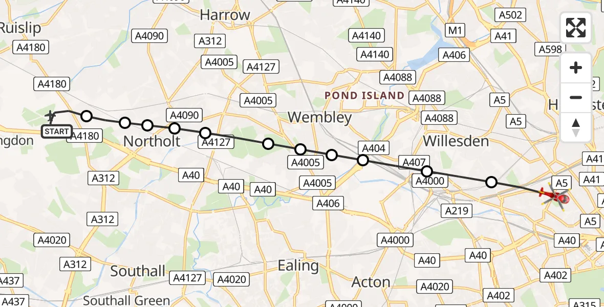 Flight route Air Ambulance Helicopter RAF Northolt - Queen's Park, 17 July 2026, 07:58