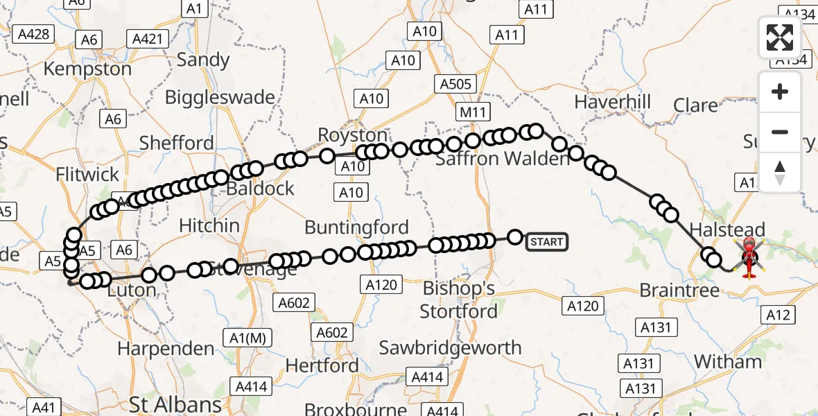 Flight route Air Ambulance Helicopter Chickney - Earls Colne Airfield, 17 July 2026, 08:16